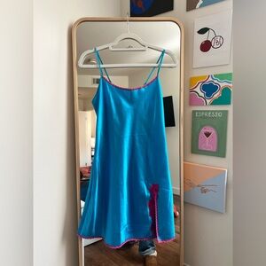 Y2K Victoria’s Secret (no tag) Slip Dress Blue with Hot Pink Lace Trim – Size M
